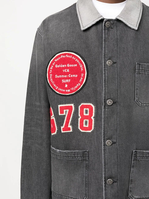 patch detail faded denim jacket